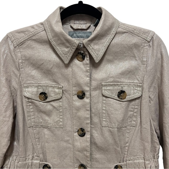LIZ CLAIBORNE Nude Shimmer Lightweight Button Linen Blend Jacket, Size PM - Picture 2 of 14